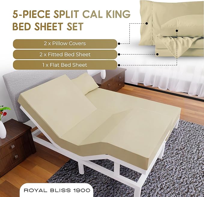 Split California King Sheets Sets -5 Pcs Set- Split California King Sheets Sets for Adjustable Bed - Cal King Split Sheets for Adjustable Bed - California King Split Sheet Sets (Tan)