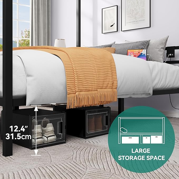 YITAHOME Queen Size Canopy Bed, Four Poster Platform Bed with Metal Slats Support, Metal Bed Frame with USB Charging Station, 12.4 inch Underbed Storage, No Box Spring Needed, Black