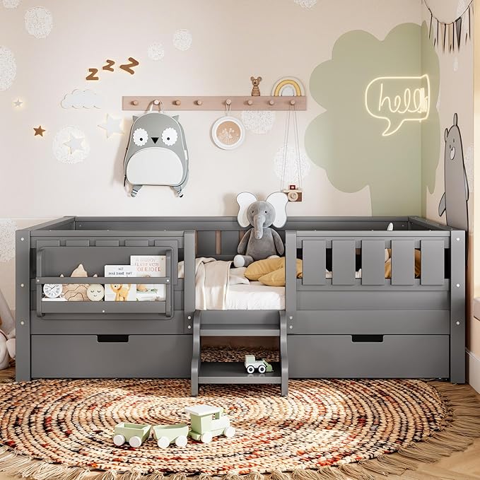 Bellemave Twin Size Kids Montessori Bed with Stairs and Bookshelf,Solid Wood Twin Size Kids Bed Frame with Drawers and Storage for Girls Boys,Low-Profile,Gray