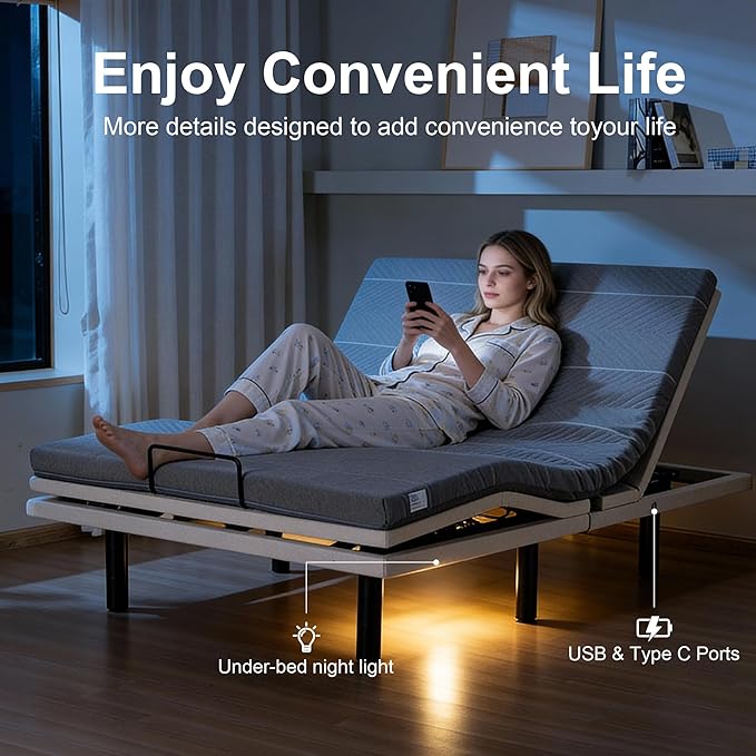 Froman Queen Adjustable Bed Frame, Adjustable Bed Base with Massage, Wireless Remote, Lumber Support, Zero Gravity, Head & Foot Incline, Head Top Pillow Tilt, USB Ports, Nightlight, Anti-Snore
