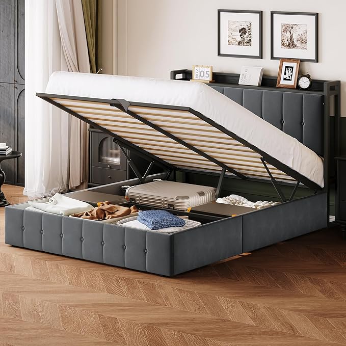 Garvee Full Size Lift Up Storage Bed, Upholstered Velvet Bed Frame with Storage Headboard, Metal Platform Bed, No Box Spring Needed, Solid Wooden Slats, Noise Free, Grey