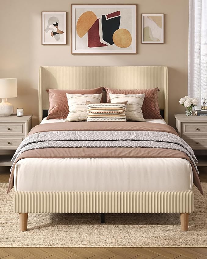 Bestier Full Bed Frame with Wingback Headboard,Upholstered Platform Full Size Bed with Strong Wooden Slats,No Box Spring Needed,Never Squeaks,Easy Assembly,Taupe
