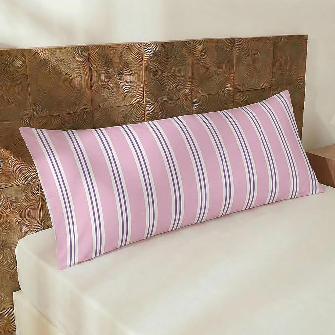 Merryword Body Pillow Cover 20x54inches, 100% Cotton Pillow Case, Purple Striped Pillowcase, Soft Breathable Ribbon Stripes Long Pillowcase, 1-Piece