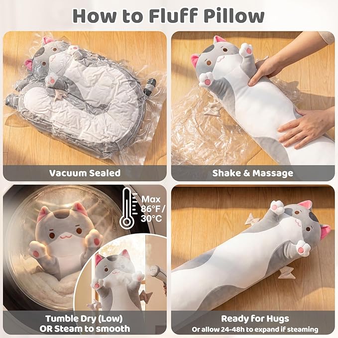 Mewaii Long Cat Plush 5 Sizes, 120% Extra Filling Giant Plushness Kids Body Pillow, Kawaii Cute Grey Cat Stuffed Animals Plushies, Big Long Body Pillow Cat Plush Gift for Girls 36”