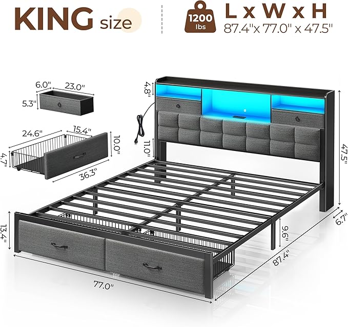Rolanstar Bed Frame King Size with Drawers and Charging Station, Upholstered Platform Bed with Storage Headboard and LED Light, Heavy Duty Metal Support, No Box Spring Needed, Noise Free, Grey