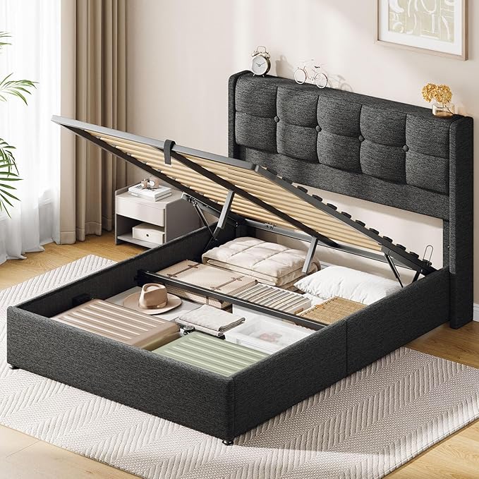 Lift Up Full Size Bed Frame with Storage, Upholstered Full Bed Frame with Wingback Headboard, No Box Spring Needed, Easy Assembly - Dark Grey