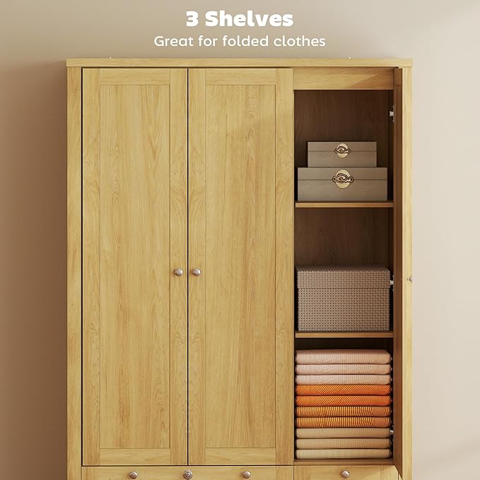 HOMCOM 3 Door Armoire Wardrobe Closet with 2 Drawers, 69" Clothing Storage Cabinet with Lockable Large Drawer, Hanging Rod and Storage Shelves for Bedroom, Wardrobe Cabinet, Natural