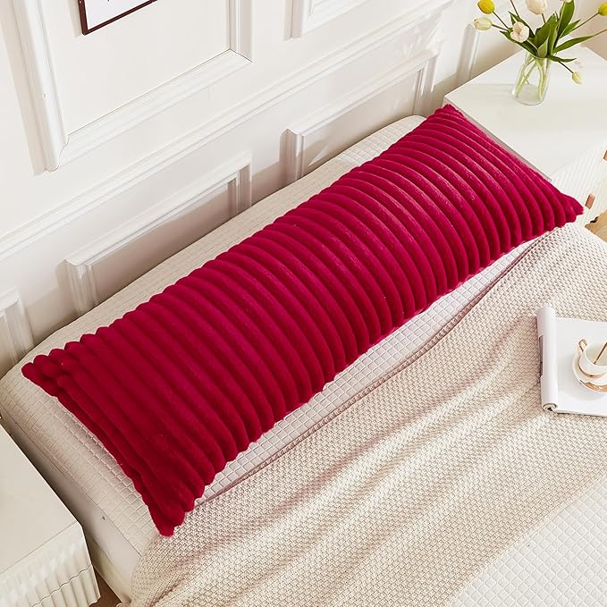 JAUXIO Faux Fur Fluffy Body Pillow Cover Luxury Textured Vertical Stripe Plush Decorative Body Pillowcase, Ultra Soft and Cozy Zipper Closure 21 x 54 Inches, Burgundy