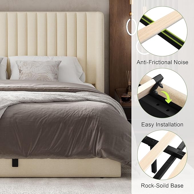 Feonase Full Size Lift Up Storage Bed Frame, Linen Upholstered Platform Bed with Wingback Headboard, Hydraulic Storage, No Box Spring Needed, Beige