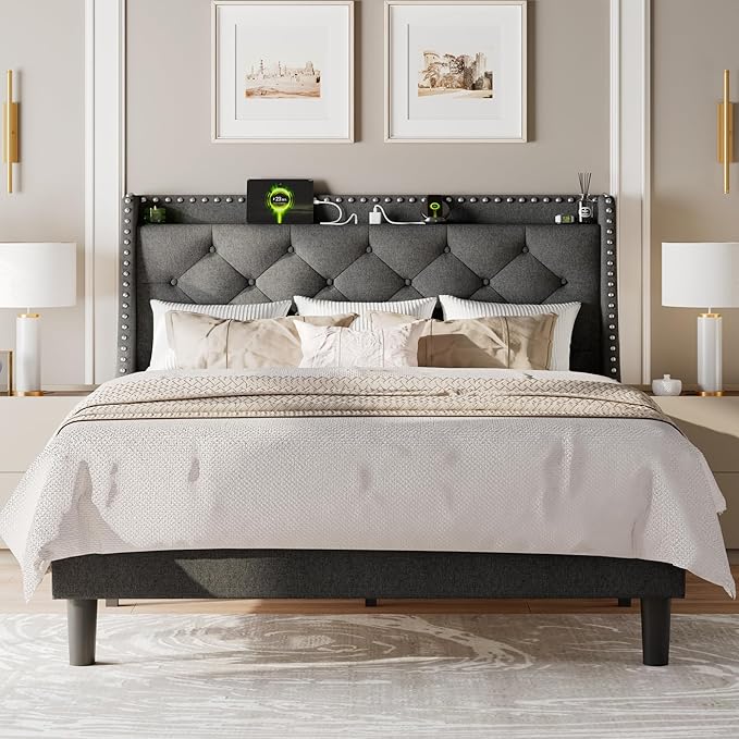 Feonase Queen Bed Frame with Luxury Wingback and Fast Charging Station,Upholstered Button Tufted Storage Headboard Queen Platform Bed,Sturdy Wooden Slats Support,Noise-Free,Easy Assembly,Dark Gray