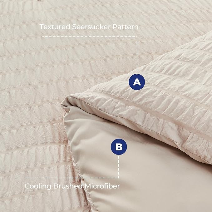 HYMOKEGE Beige Twin Size Duvet Cover, Ultra Soft 2-Piece Seersucker Duvet Cover Set with Zipper Closure, Soft Brushed Microfiber Bedding Set with 8 Corner Ties (68"x90", 1 Pillowshams)