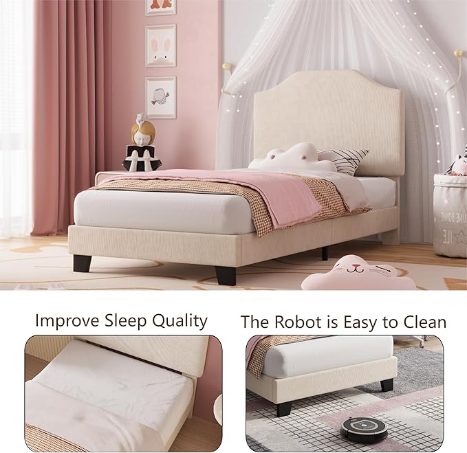 Twin Size Bed Frame, Corduroy Upholstered Platform Bed Frame with Adjustable Headboard, Mattress Foundation, Wooden Slats Support, No Box Spring Needed, Easy Assembly, Beige