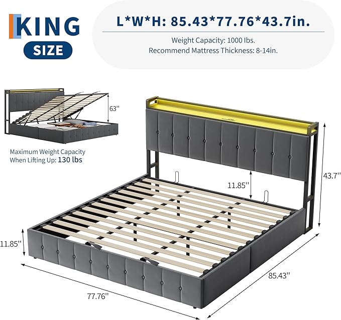 Garvee King Size Lift Up Storage Bed with LED Lights, Upholstered Velvet Bed Frame with Storage Headboard & Charging Station, Metal Platform Bed, No Box Spring Needed, Solid Wooden Slats, Grey
