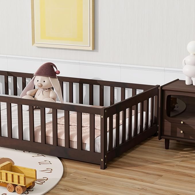 Bellemave Twin Floor Bed with Slats and Safety Guardrails, Twin Size Montessori Floor Bed with Fence and Without Door, Easy Assemble Montessori Beds Frame for Girls, Boys, Pink Espresso
