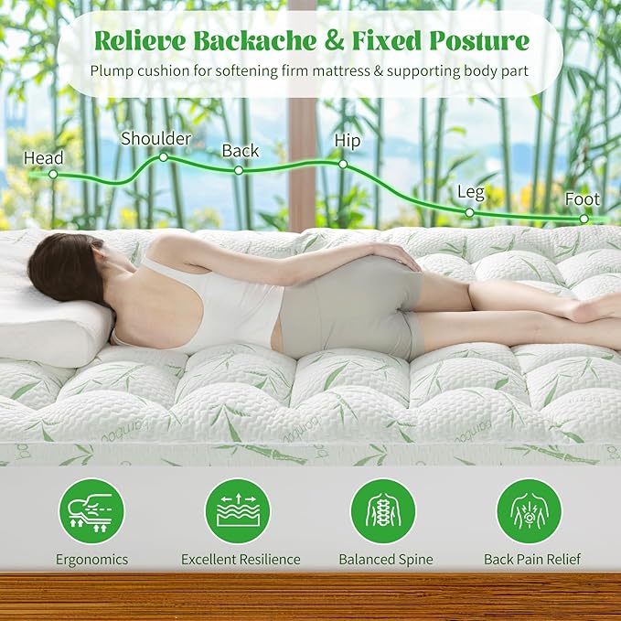 3 Inch Mattress Topper - Viscose Made from Bambu,Cooling Soft Pillow Top Mattress Pad Cover (Queen,60"x80")