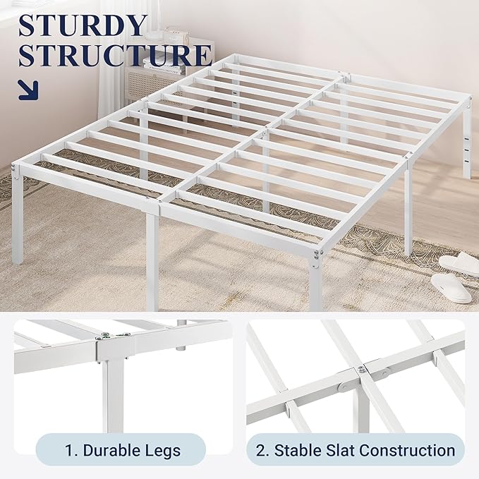 Allewie King Size Bed Frame, 18 Inch Metal Platform Beds with Storage Space, No Box Spring Needed and Easy Assembly, White