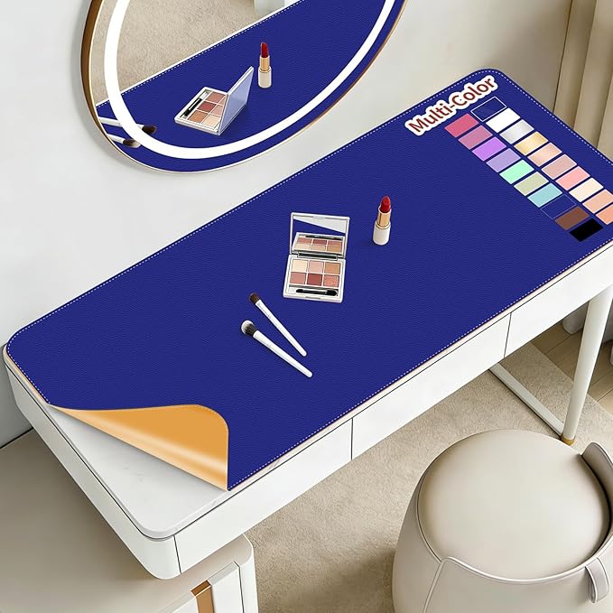 Makeup Mat for Vanity to Protect Desk Top 23.6 x 11.8 in, Dual-Sided Makeup Mat, Easy to Clean Desk Pad - Waterproof and Oilproof Vanity Accessories (Navy Blue and Yellow)