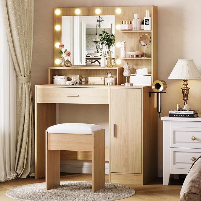 Garvee Vanity Desk with Mirror and Light, Makeup Dressing Table with Large Drawers and 3-Level Storage Dresser, 3 Lighting Modes Adjustable Brightness, Modern Vanity Set for Bedroom, Natural