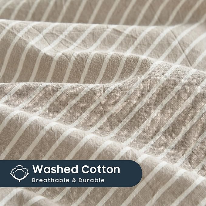 Wake In Cloud - Striped Cotton Duvet Cover Set, 100% Washed Cotton Textured Percale Bedding Set, Ticking Stripe Pinstripe Farmhouse, 3 Pieces, Tan, King Size