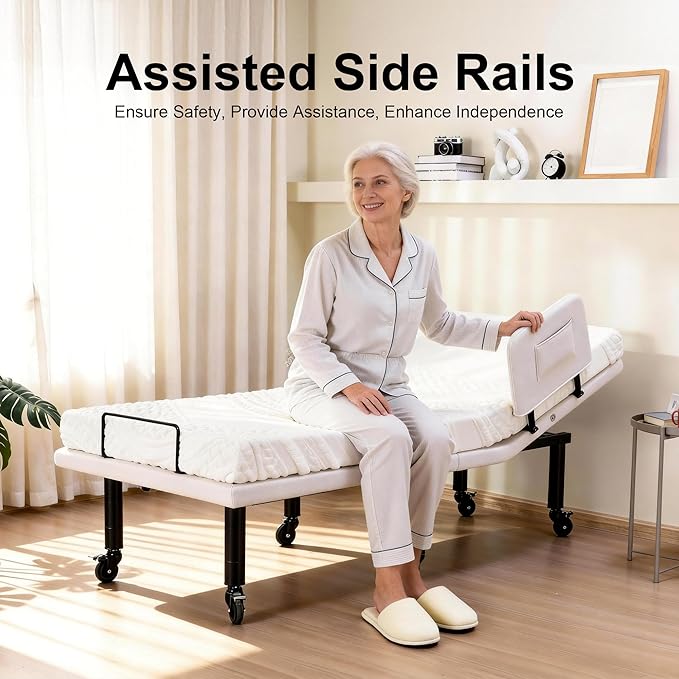 Fromann Twin XL Adjustable Bed Frame with Side Rails for Elders, Adjustable Base with Wheels, Eletric Bed Base Remote & Massage, Zero Gravity, Head and Foot Incline, Nightlights