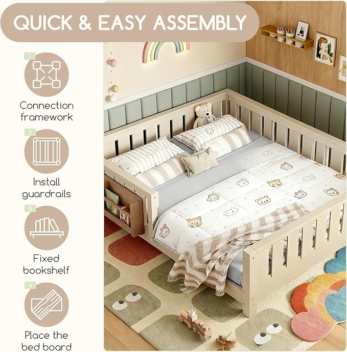 Bellemave Full Size Floor Bed Frame with Fence & Bookshelf, Solid Pinewood Montessori Floor Bed Full with Slats Load 450LBS, Low Profile Floor Bed for Kids, Bedroom, Nursery, Easy Assembly,Beige