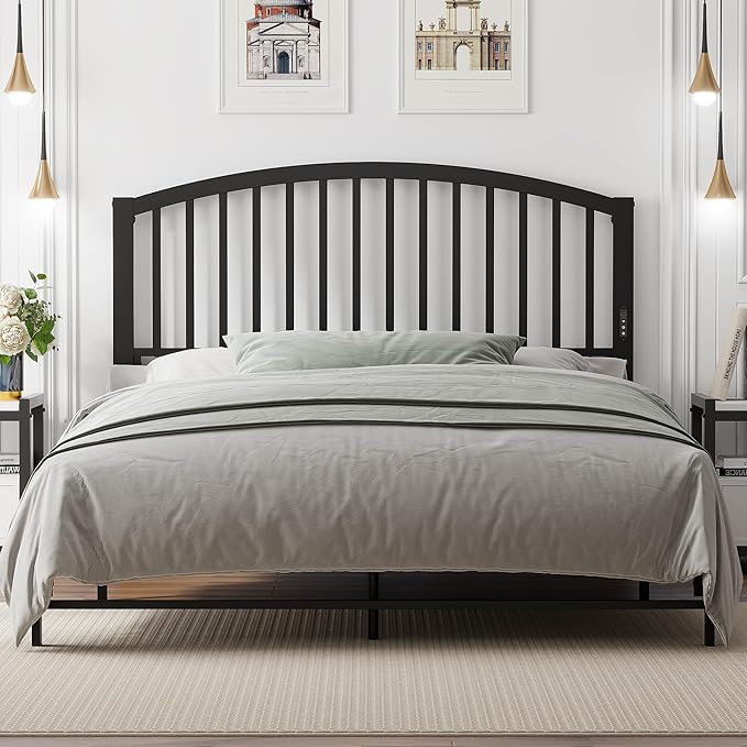 Weehom Queen Headboard with Led Lights, Farmhouse Vintage Style Metal Headboard Queen Size, Modern Freestanding Black Headboard Only for Bedroom