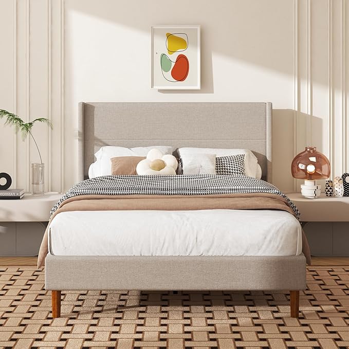 Full Size Bed Frame, Linen Upholstered Platform with Wingback Headboard, Wooden Slats Support, No Box Spring Needed, Easy Assembly, Beige