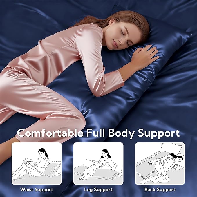 MR&HM Satin Body Pillow Cover, Soft and Breathable Body Pillow Case with Envelope Closure, Cooling and Silky Long Pillowcase for Hair and Skin,Grey (20x54, Navy Blue)