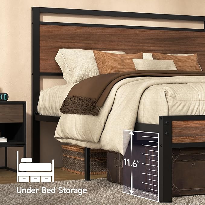 Easy Assembly Queen Bed Frame with Modern Wood Headboard & Footboard, Upgraded Heavy Duty Metal Sturdy Bed Frame Queen Size, Stable Platform Bed Furniture Bed Storage, No Noise, No Box Springs, Walnut
