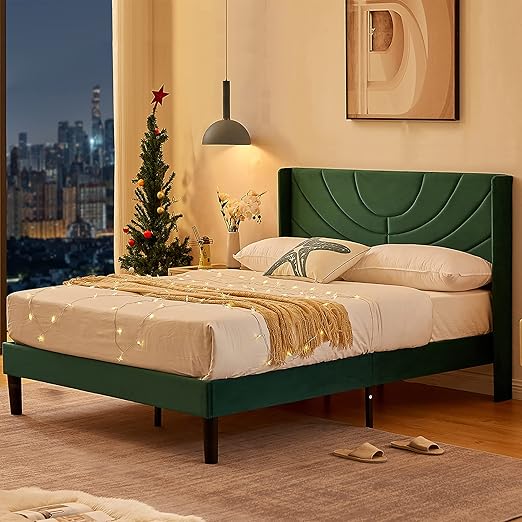 VECELO Queen Bed Frame Upholstered Platform with Fabric Headboard,Wooden Slats Support/No Box Spring Needed/Mattress Foundation,Dark Green