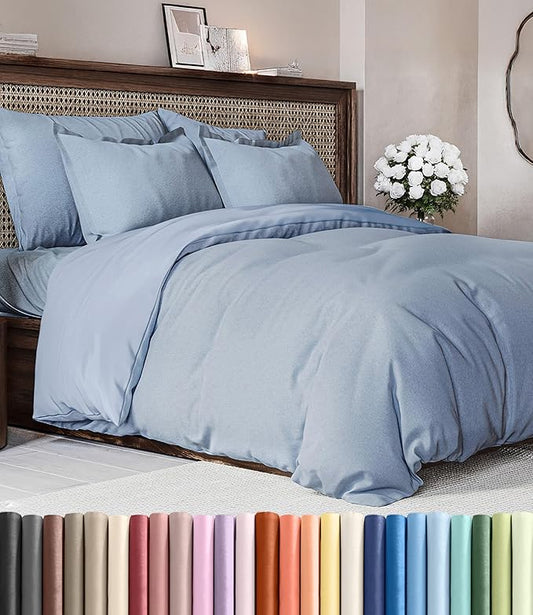 Duvet Cover Full Size Set - Extra Soft Full Duvet Cover 80" x 90" with 2 Pillow Shams - Hotel Luxury, Easy Care & Fade Free with Zipper Closures & Ties - Comfy, Cozy and Breathable (Heathered Blue)