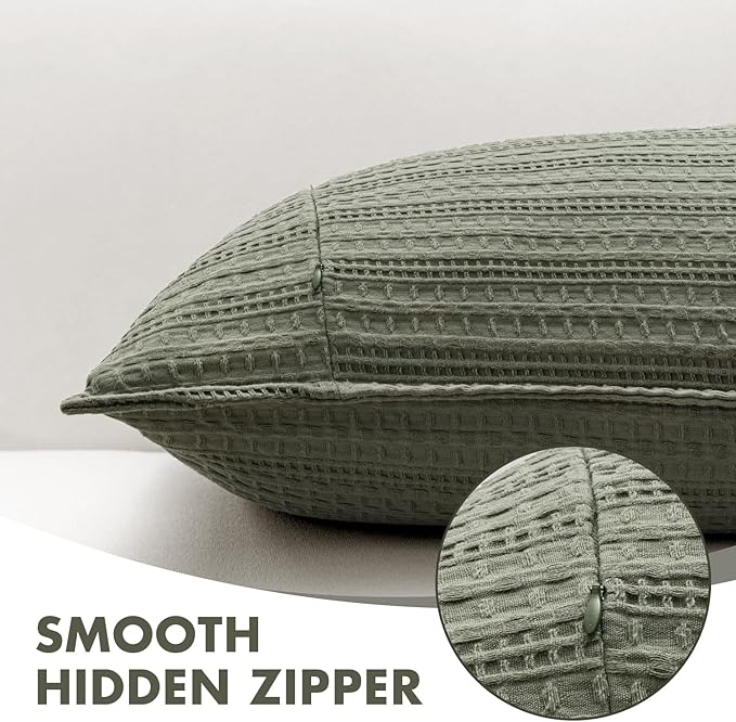Set of 2 Decorative 100% Cotton Waffle Euro Sham Pillow Covers 26x26, Neutral Throw Pillows Weave European Cushion Cases for Couch Sofa Bed Modern Farmhouse Home Decor, Olive Green