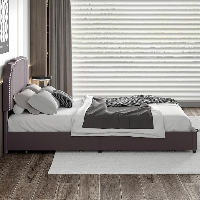VECELO Queen Upholstered Platform Bed Frame with 4 Storage Drawers,Velvet Vintage Queen Bed with Nailhead Trim,Tufted Height Adjustable Headboard,Wooden Slats/No Box Spring Needed/Easy Assembly
