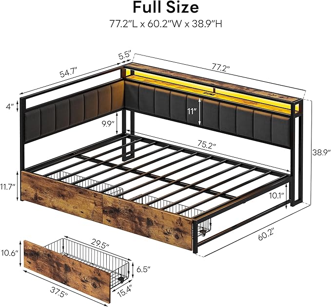LIKIMIO Corner Bed Frame Full Daybed with Storage Drawers, Metal Platform Bed Frame with LED Light, Charging Station & Fabric Upholstered Fence, Black