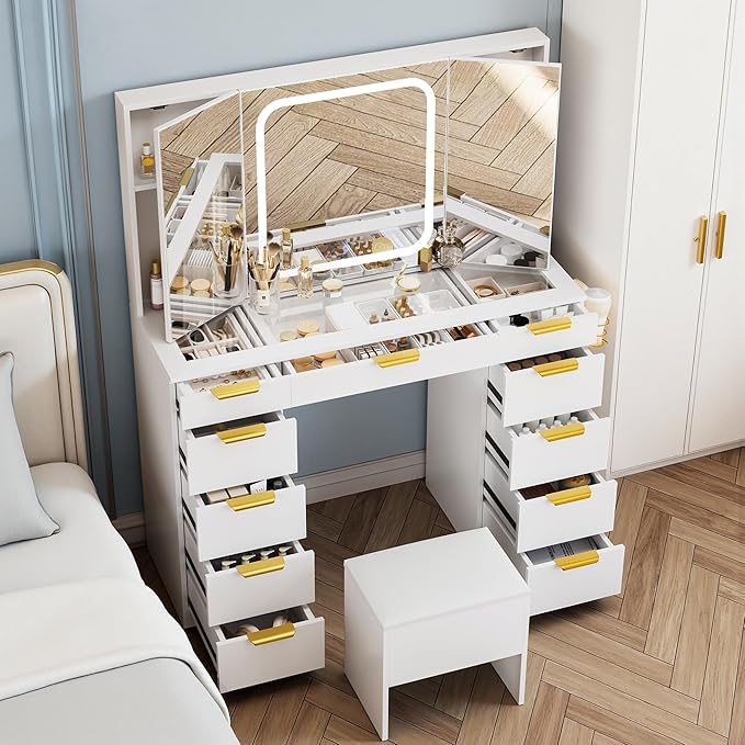 Glass Top Vanity Desk with Foldable Mirror and Lights, 11 Drawers Makeup Vanity with Charging Station, 3 Lighting Modes Dressing Table with Chair, White