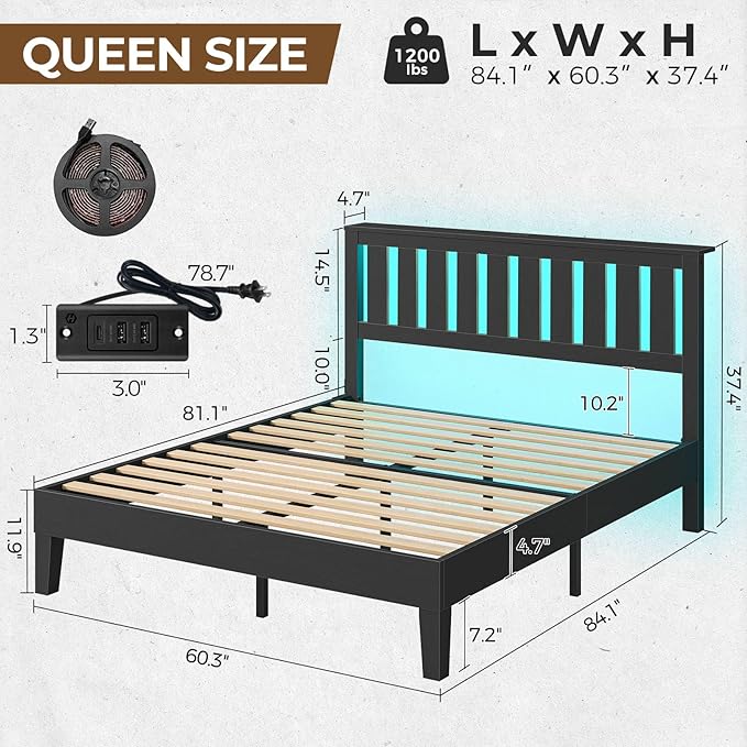 Rolanstar Queen Bed Frame with Headboard, Built-in USB & Type-C Charging, RGB LED Lights, 800LBS Wood Slat Support, Under-Bed Storage, No Box Spring Needed, Easy Assembly
