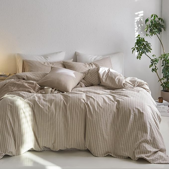 MooMee Striped Duvet Cover Set 100% Washed Cotton Linen Like Textured Breathable Durable Soft Comfy (Tannish Linen Grey White Wide Stripes, Super King 108"x98")