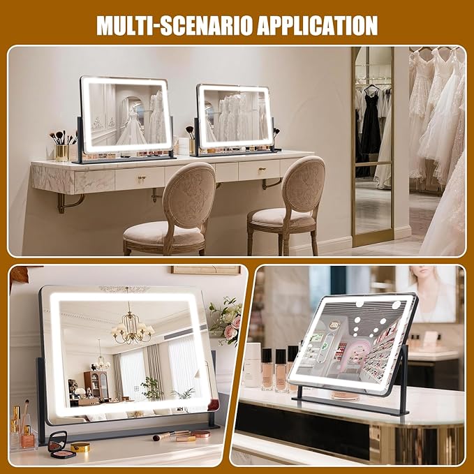 Vanity Mirror with Lights 22"×17", Large LED Makeup Mirror with Light, Smart Touch with 3-Color Lighting, Dimmable, 360° Rotation, HD Desk Mirror, Vanity Mirror Tabletop (Black)