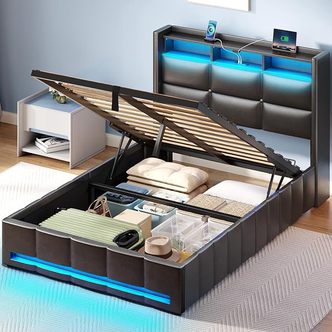 Rolanstar Bed Frame Twin Size with Lift Up Storage, Charging Station & LED Lights, Upholstered Storage Headboard, Heavy Duty Wooden Slats, No Box Spring Needed, Noise Free, Easy Assembly, Black