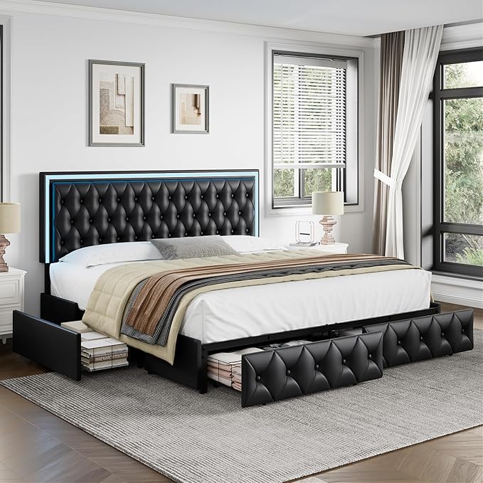 Keyluv Queen Upholstered LED Bed Frame with 4 Drawers, PU Leather Platform Storage Bed with Adjustable Button Tufted Headboard and Solid Wooden Slats Support, No Box Spring Needed, Black