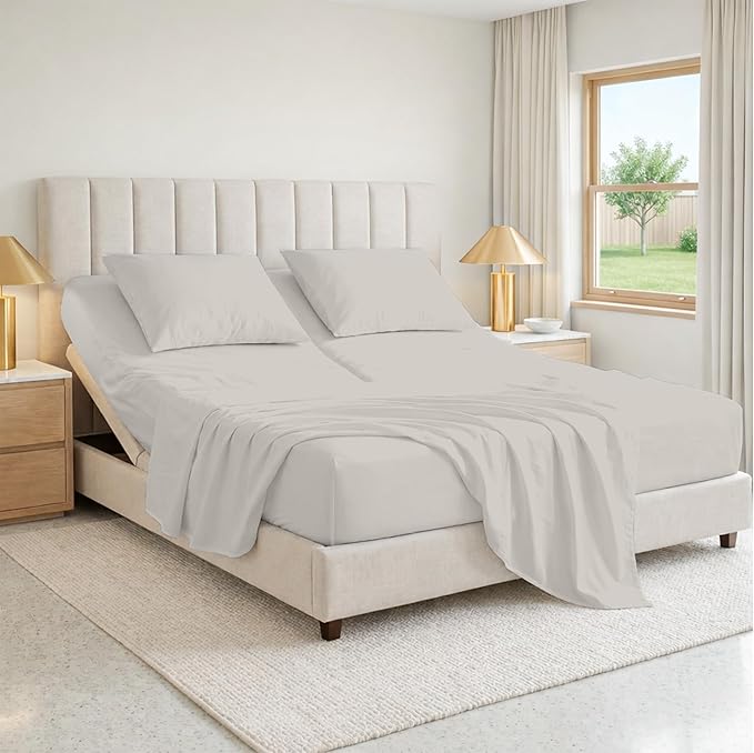 SGI bedding 39" King Split Top Flex Head Sheet 100% Egyptian Cotton Sheet Set 1000 Thread Count Flex Top Sheet for Adjustable Bed 4Pc Sheet Set 15" Deep Pocket for Sleep Number Bed - Silver