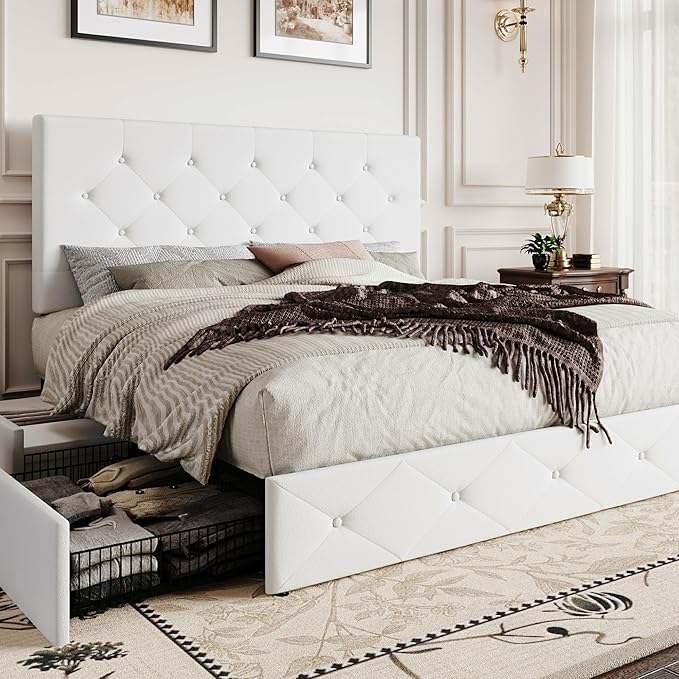 SHA CERLIN Queen Platform Bed Frame with 4 Oversized Storage Drawers, Adjustable Headboard with Velvet Upholstery, Diamond Button Tufted Design, Wooden Slat Support, No Box Spring Needed, White