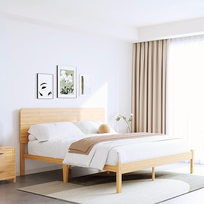 BOSRII 14in High Solid Bamboo Wood Platform King Size Bed Frame with Headboard, Reinforced Heavy Duty Metal Slats, Noise Free, No Box Spring Needed, Easy Assembly