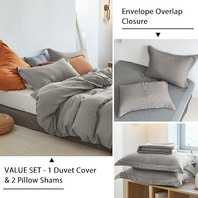 Simple&Opulence 100% Linen Duvet Cover Set 3pcs Basic Style Natural French Washed Flax Solid Color Soft Breathable Farmhouse Bedding with Button Closure - Dove Grey, Queen