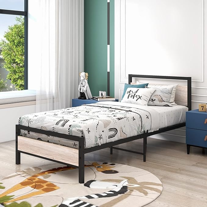 HOJINLINERO Twin Bed Frames with Wood Headboard,Metal Twin Platform Bed Frame No Box Spring Needed,Heavy Duty Steel Slats,No Noise,Black and Teak Oak
