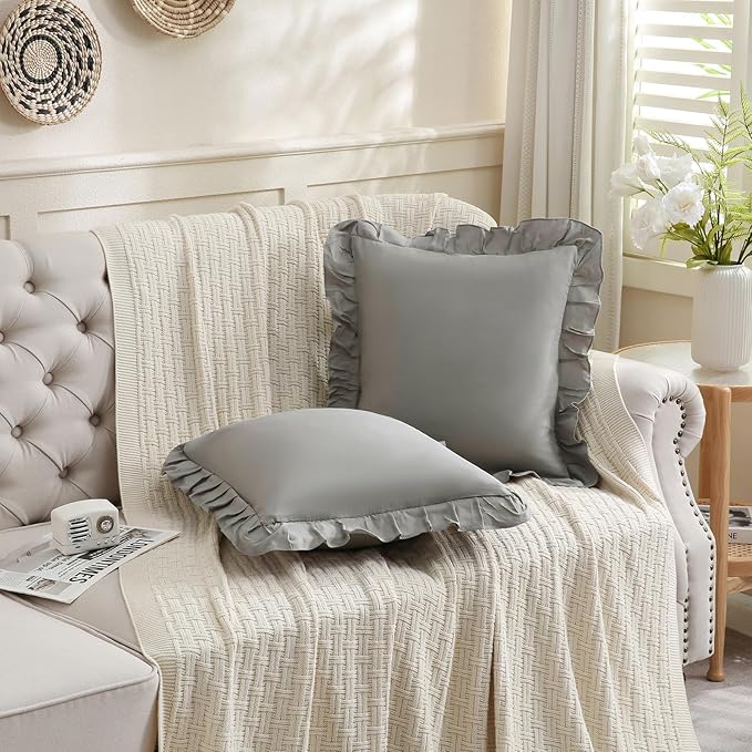 Merryword Light Gray Pillowcases 18x18 Throw Pillow Covers Pack of 2 Soft Microfiber Ruffle Decorative Pillowcase Cushion for Couch Sofa Bedroom