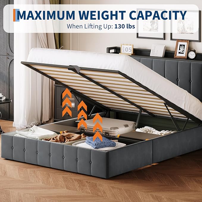 Garvee Queen Size Lift Up Storage Bed, Upholstered Velvet Bed Frame with Storage Headboard, Metal Platform Bed, No Box Spring Needed, Solid Wooden Slats, Noise Free, Grey