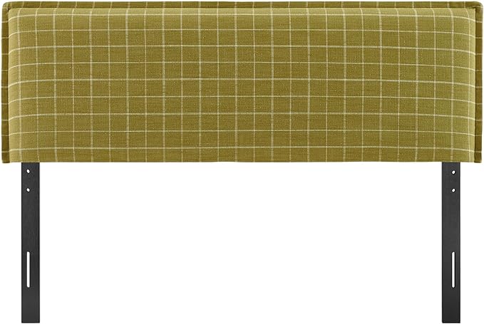 Modway Camille King Size Checkered Linen Blend Plaid Headboard with Removable Slipcover – in Artichoke Windowpane Check - Padded Pillow Style Headboard with Adjustable Mounting for King Beds