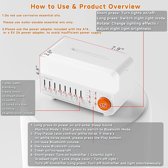 TMEHM 4-in-1 Sleep Sound Machine with White Noise & 8 Nature Sounds, Bluetooth Speaker, Night Light & Aroma Diffuser with Timer for Baby, Kids and Adults (Matte White)