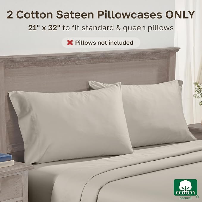 California Design Den Premium Standard/Queen Size Pillow Cases Set of 2-600 Thread Count Sateen, Natural 100% Cotton Pillow Cover, Crisp, Durable Bedding - Soft Linen